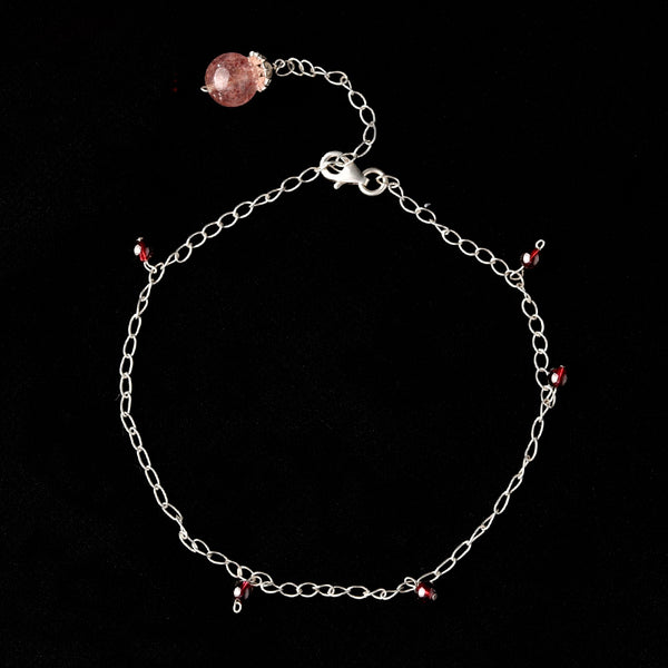 Silver Garnet Strawberry Quartz Crystal Bead Anklet Handmade Jewelry Accessories Women PINK