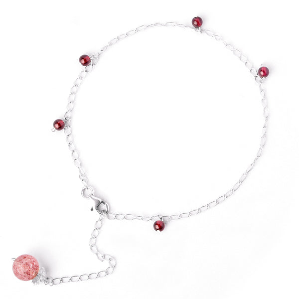 Silver Garnet Strawberry Quartz Crystal Bead Anklet Handmade Jewelry Accessories Women