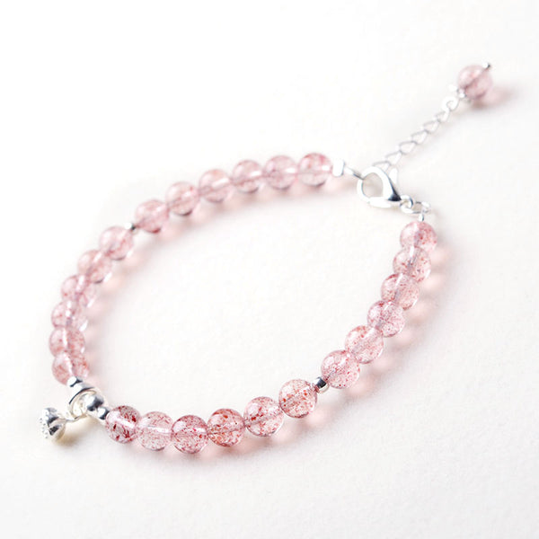 Silver Strawberry Quartz Crystal Bead Bracelet Handmade Jewelry Women adorable