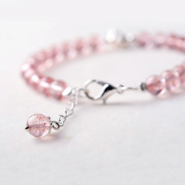 Silver Strawberry Quartz Crystal Bead Bracelet Handmade Jewelry Women chic