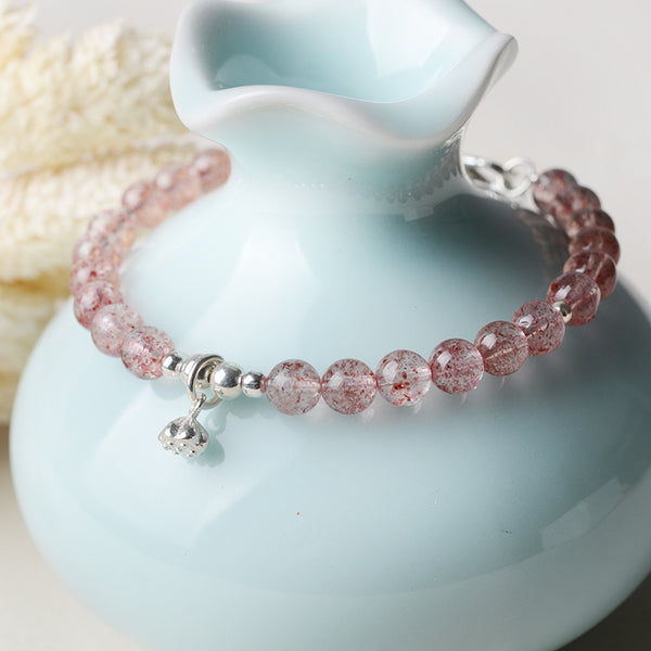 Silver Strawberry Quartz Crystal Bead Bracelet Handmade Jewelry Women pink