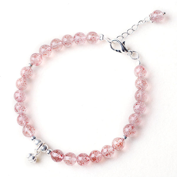 Silver Strawberry Quartz Crystal Bead Bracelet Handmade Jewelry Women