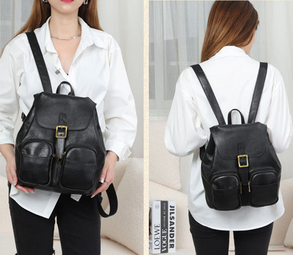 Small Black Leather Backpack Ladies Leather Rucksack Bag Black