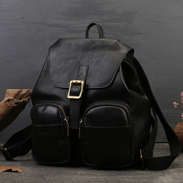 Small Black Leather Backpack Purse Ladies Leather Rucksack Bag For Women