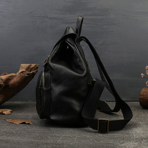 Small Black Leather Backpack Ladies Leather Rucksack Bag Genuine Leather