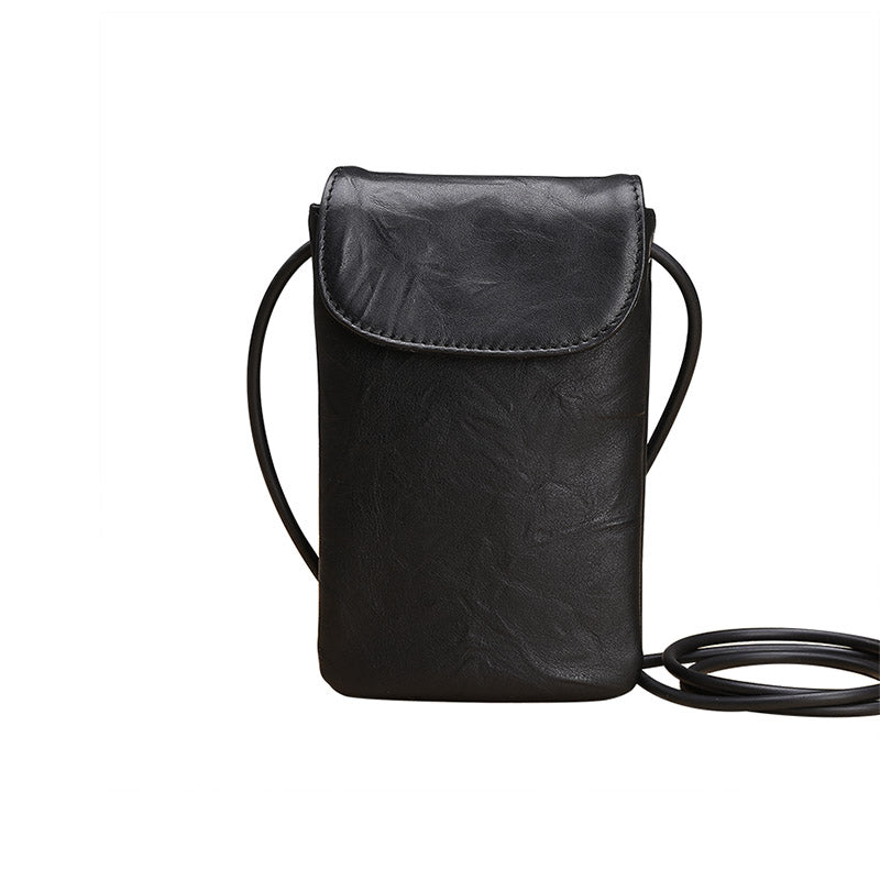 Black Leather Small Phone Shoulder Bag Vintage Women Black Slim Crossb