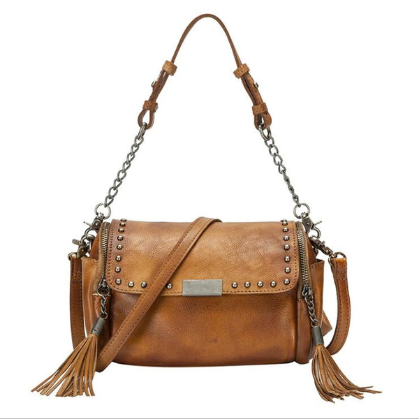 Small Cowhide Leather Hobo Crossbody Purse Shoulder Purse With Fringe And Rivets for Women Affordable