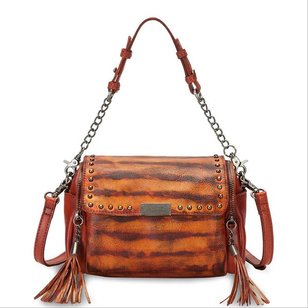 Small Cowhide Leather Hobo Crossbody Purse Shoulder Purse With Fringe And Rivets for Women Badass