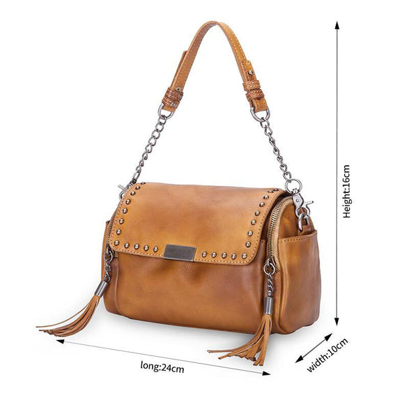 Small Cowhide Leather Hobo Crossbody Purse Shoulder Purse With Fringe And Rivets for Women Chic