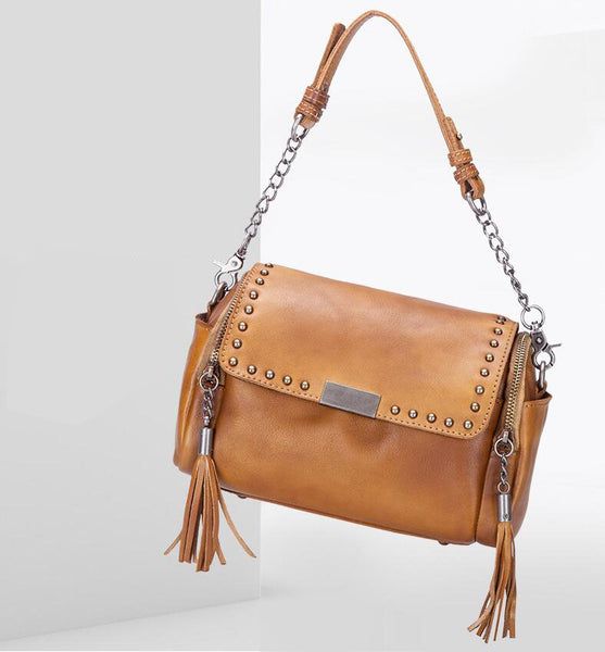 Small Cowhide Leather Hobo Crossbody Purse Shoulder Purse With Fringe And Rivets for Women Cool