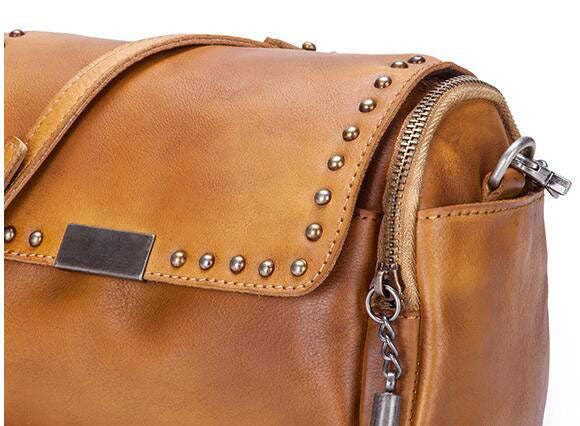 Small Cowhide Leather Hobo Crossbody Purse Shoulder Purse With Fringe And Rivets for Women Details