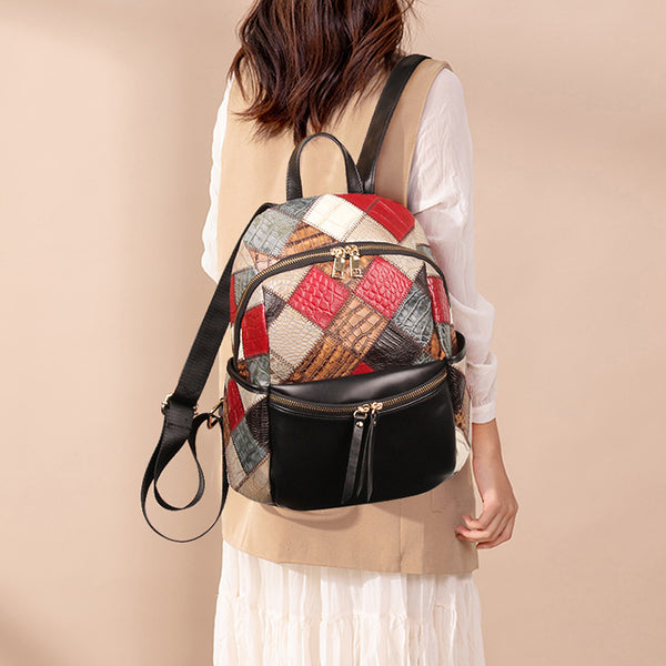 Small Ladies Boho Leather Backpack Purse Leather Rucksack For Women Cowhide