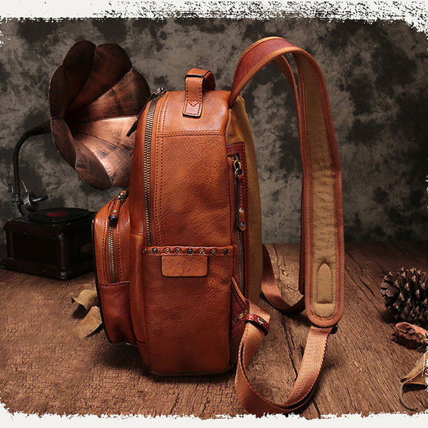 Small Ladies Brown Leather Zip Backpack Bag Purse Funky Backpacks For Women Designer