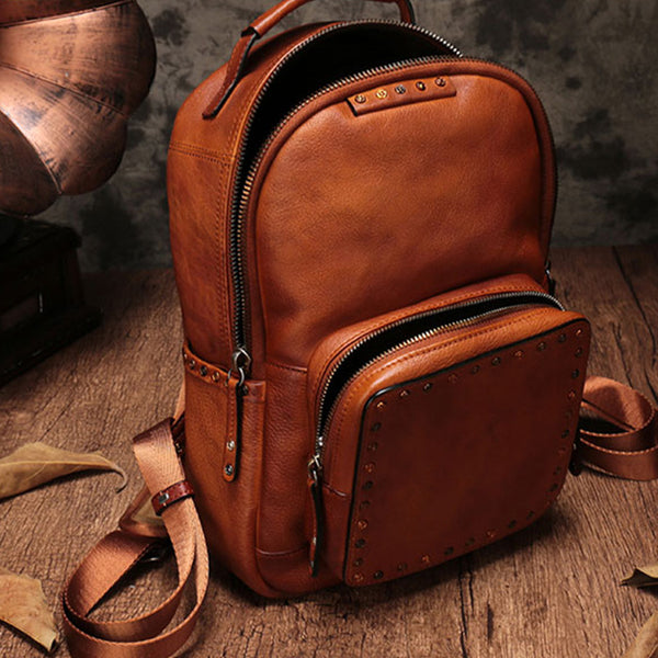 Small Ladies Brown Leather Zip Backpack Bag Purse Funky Backpacks For Women Inside