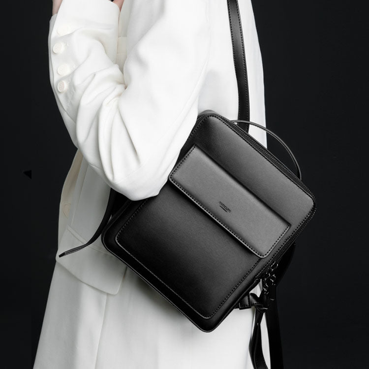 Small Ladies Square Leather Backpack Purse Black Leather Rucksack Handbag For Women
