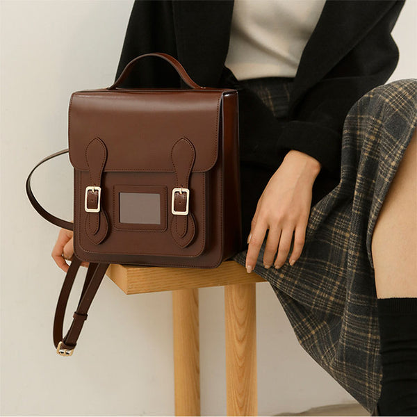 Small Ladies Square Leather Flap Backpack Purse Knapsack for Women Brown