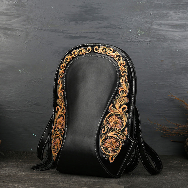 black tooled leather backpack Small Ladies Tooled Leather Backpack Purse Boho Rucksack Bag For Women – igemstonejewelry