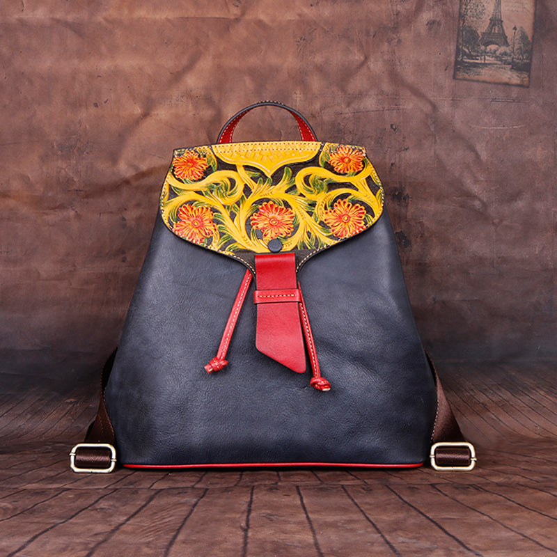 china handmade leather backpack Boho Womens Embossed Black Leather Rucksack Purse Backpack For Women