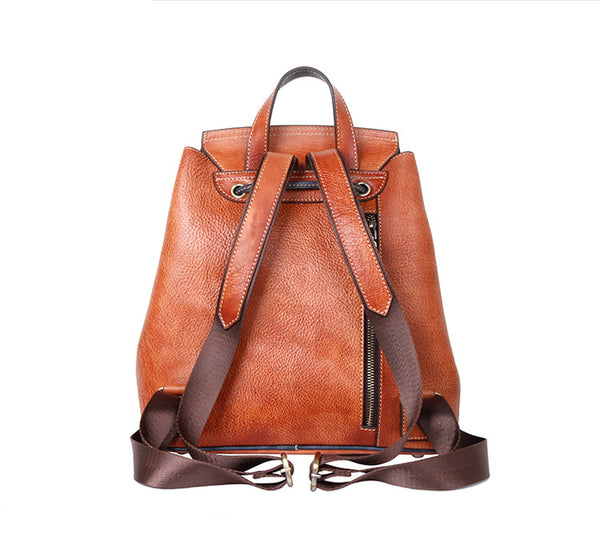 Small Ladies Western Leather Bucket Backpack Purse Small Rucksack Bag For Women Brown