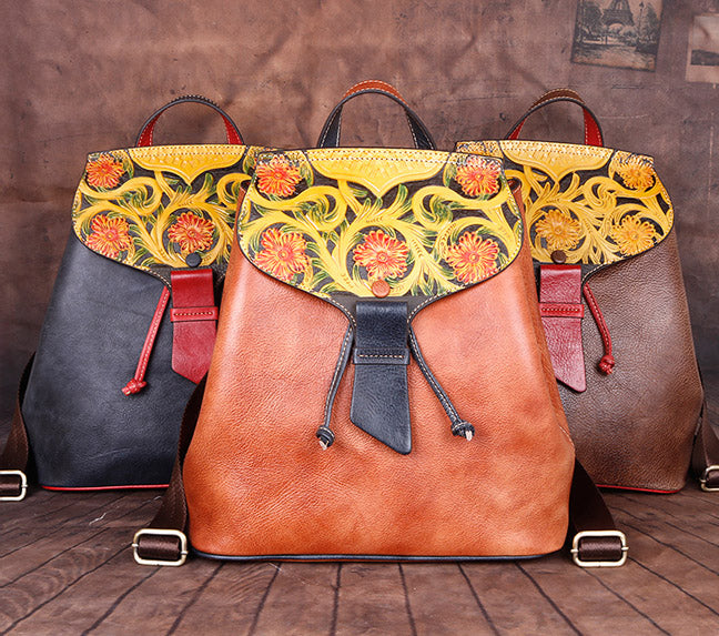 bucket backpack purse leather Boho Womens Embossed Black Leather Rucksack Purse Backpack For Women