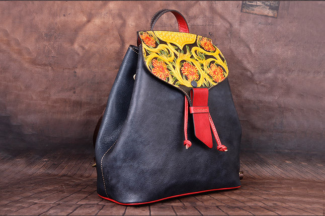 bucket backpack purse leather Boho Womens Embossed Black Leather Rucksack Purse Backpack For Women