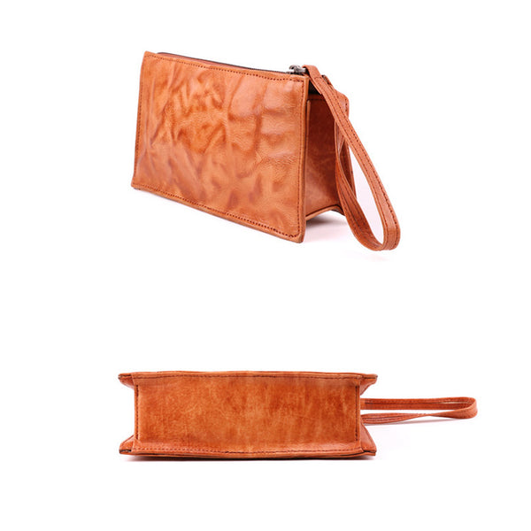 Small Orange Brown Leather Clutch Wallet Purse Side Bag for Womens Designer