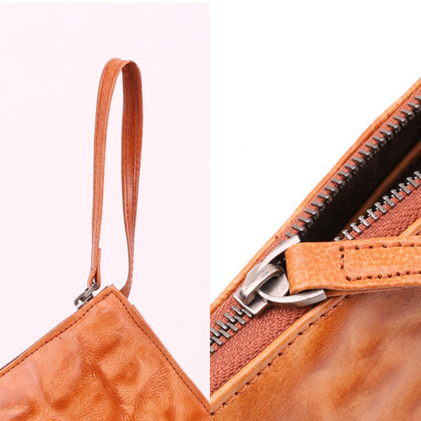 Small Orange Brown Leather Clutch Wallet Purse Side Bag for Womens Genuine Leather