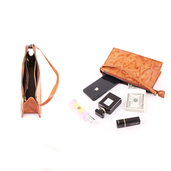 Small Orange Brown Leather Clutch Wallet Purse Side Bag for Womens Handmade