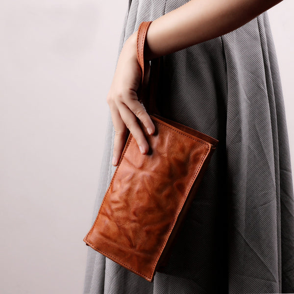 Small Orange Brown Leather Clutch Wallet Purse Side Bag