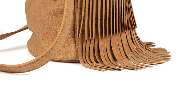 Small Vegan Leather Suede Bucket Bag Fringe Crossbody Boho Bag Fashion