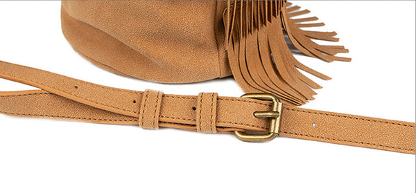 Small Vegan Leather Suede Bucket Bag Fringe Crossbody Boho Bag Gift