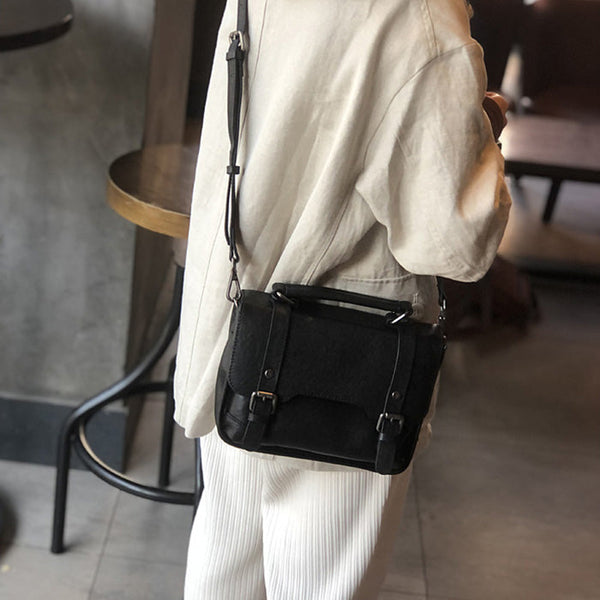 Small Women Black Leather Satchel Bags Shoulder Handbags Black