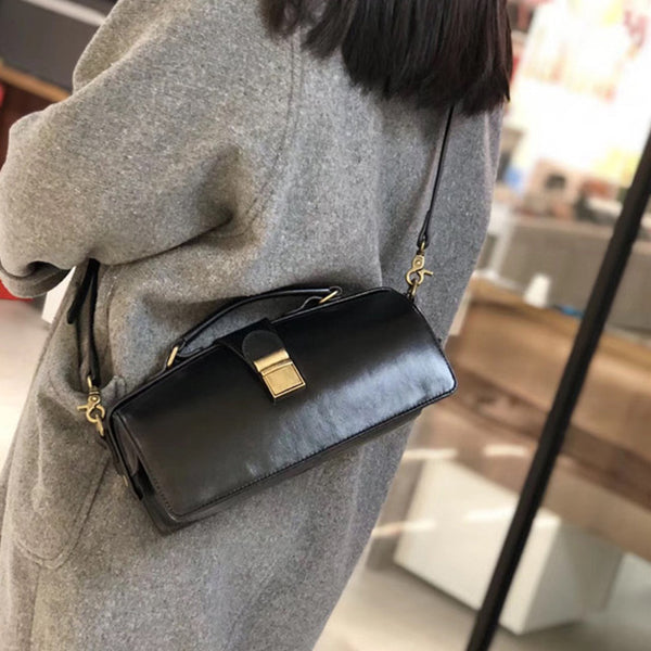 Women's Black Leather Handbags Doctor Satchel Purse Small Shoulder Bags for Women