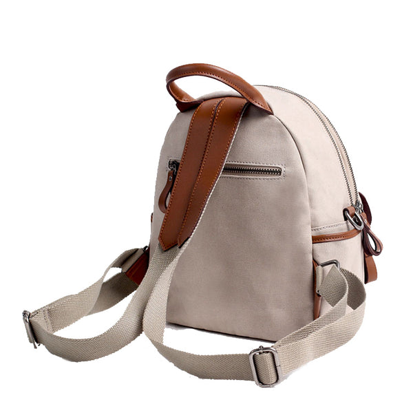Small Women's White Canvas and Leather Backpack Purse With Zipper for Women Affordable