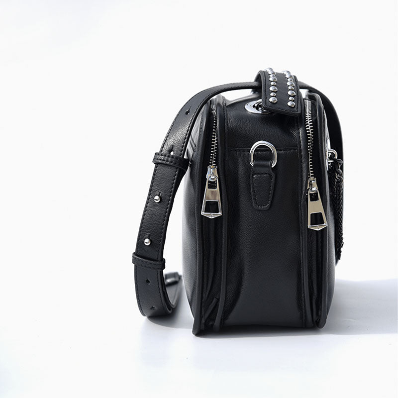Black Leather Boho Shoulder Bag with Zipper