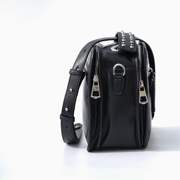 Womens Leather Black Fringe Crossbody Bag With Metal Tassel Shoulder Handbags For Women