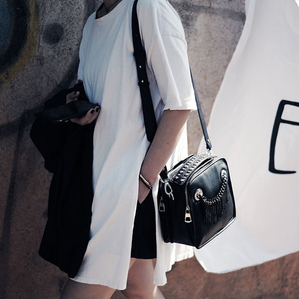 Small Womens Boho Black Leather Fringe Crossbody Bag With Metal Tassel Cross Shoulder Bag For Women Cowhide