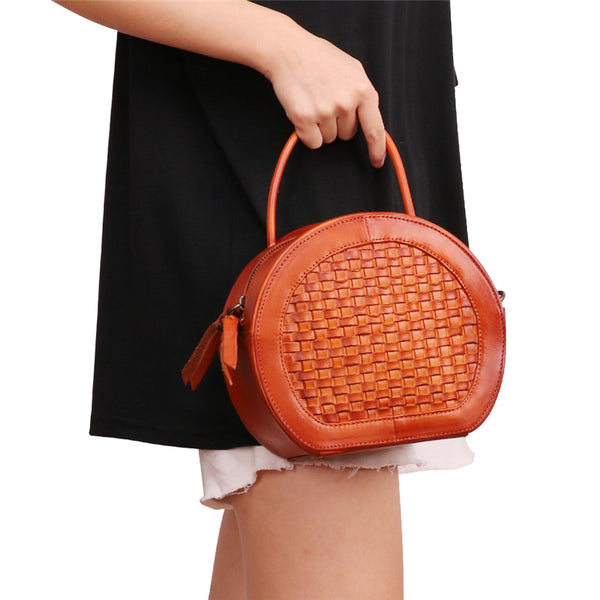 Small Womens Braided Leather Circle Handbag Cross Shoulder Round Bag Purse for Women Online