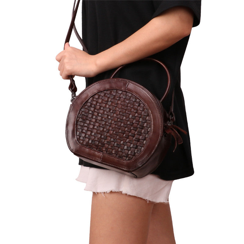 Handmade Womens Braided Round Leather Cross Shoulder Bag Side Bag for Womens, Coffee