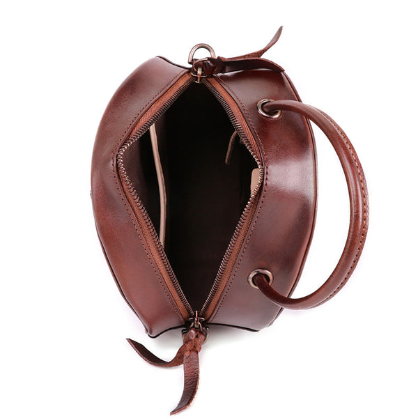 Small Womens Braided Leather Circle Handbag Cross Shoulder Round Bag