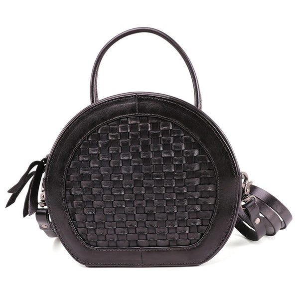 Small Womens Braided Leather Circle Handbag Cross Shoulder Round Bag Purse for Women Affordable