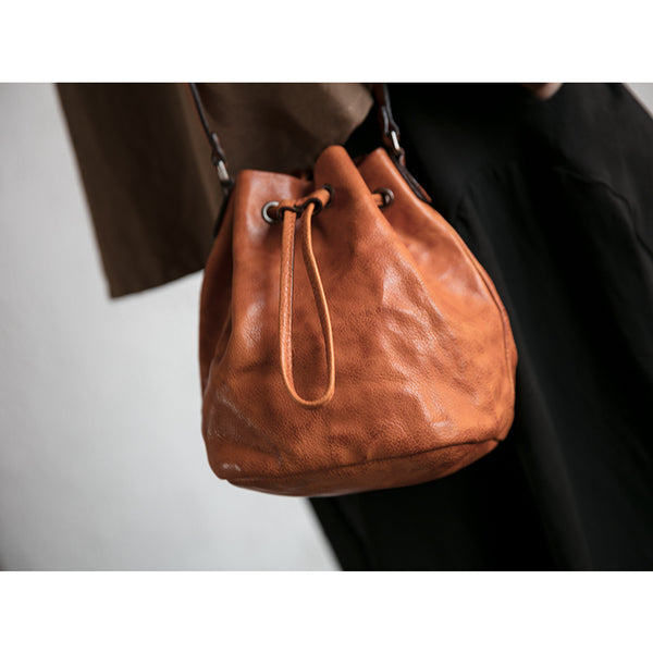 Small Womens Brown Leather Bucket Bag Purse Over The Shoulder Bags for Women beautiful