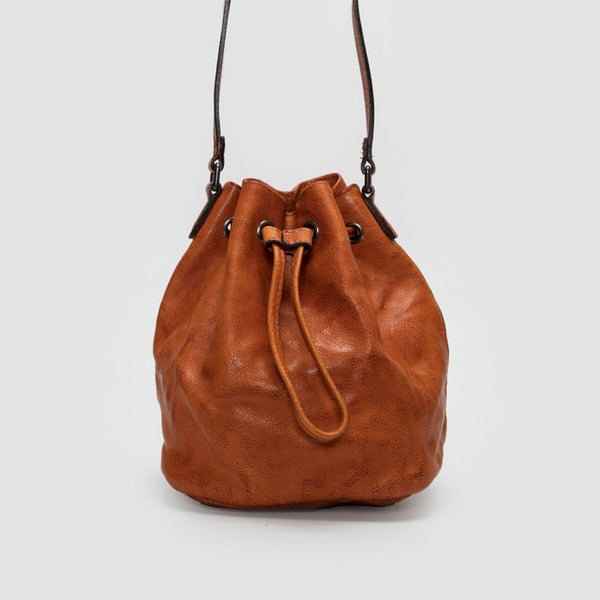 Small Womens Brown Leather Bucket Bag Purse Over The Shoulder Bags for Women