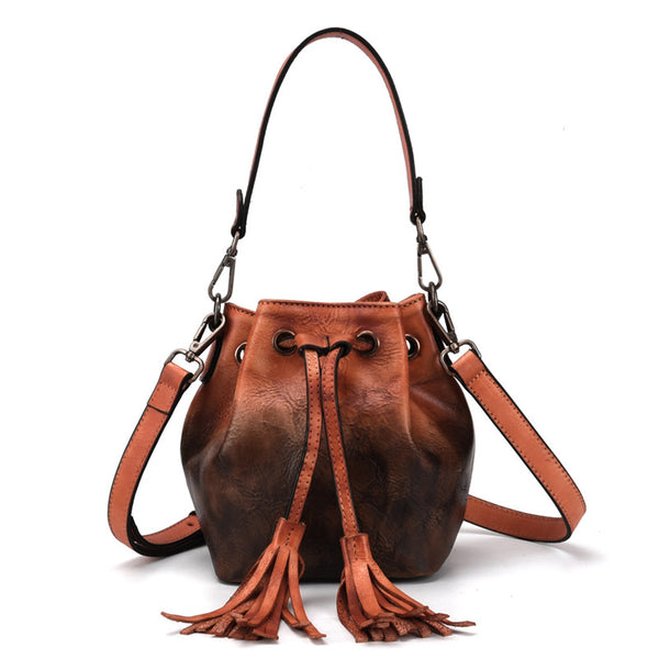 Small Womens Brown Leather Bucket Handbags Purse With Fringe Shoulder Bag for Women Affordable