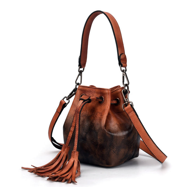 Small Womens Brown Leather Bucket Handbags Purse With Fringe Shoulder Bag for Women Beautiful