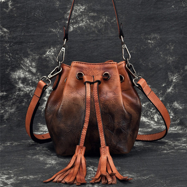 Small Womens Brown Leather Bucket Handbags Purse With Fringe Shoulder Bag