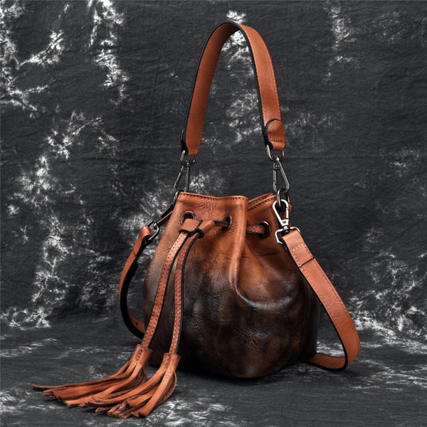Small Womens Brown Leather Bucket Handbags Purse With Fringe