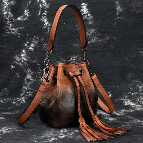 Small Womens Brown Leather Bucket Handbags Purse With Fringe Shoulder Bag for Women