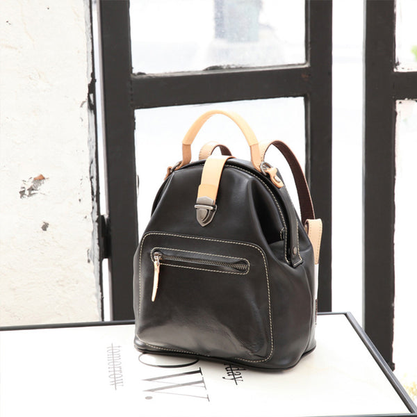 Small Womens Brown Leather Doctor Bag Backpack Purse Cute Designer Backpacks for Women Details