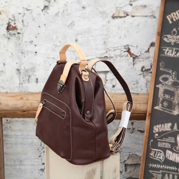 Small Womens Brown Leather Doctor Bag Backpack Purse Cute Designer Backpacks for Women Funky